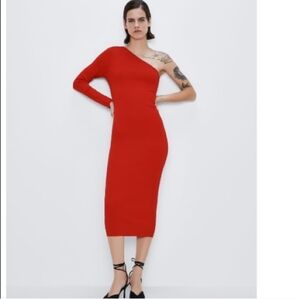 Zara One-Shoulder Red Midi Dress